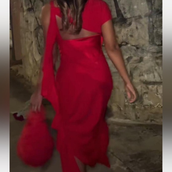 Commission - Asymmetric Cutout Stretch-silk Satin Midi Dress - Red - Picture 4 of 4